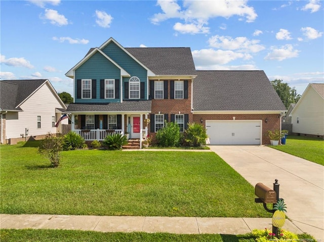 195 Hogart St, Raeford, NC 28376 - colonial-style house featuring a porch, concrete driveway, brick siding, a garage, and a front lawn