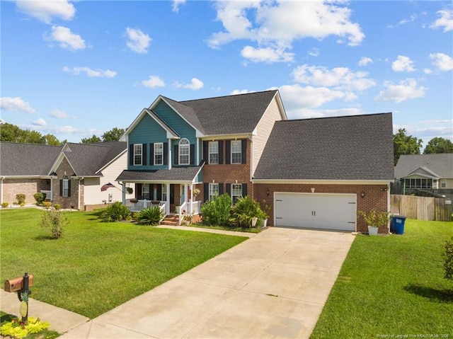 195 Hogart St, Raeford, NC 28376 - view of front facade featuring covered porch, brick siding, concrete driveway, a shingled roof, and a garage
