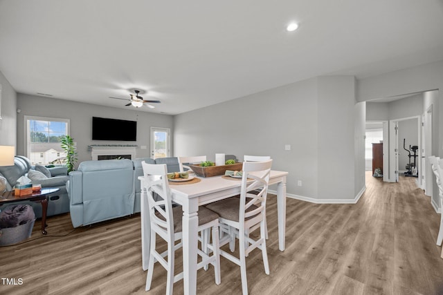 19 Linda Lou Ln Unit 19, Angier, NC 27501 - dining space with ceiling fan, light wood-type flooring, and a fireplace