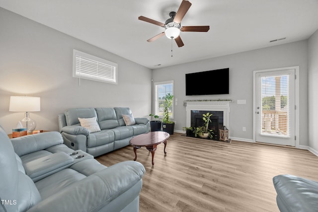 19 Linda Lou Ln Unit 19, Angier, NC 27501 - living room featuring a ceiling fan, a fireplace with flush hearth, and light wood-style flooring