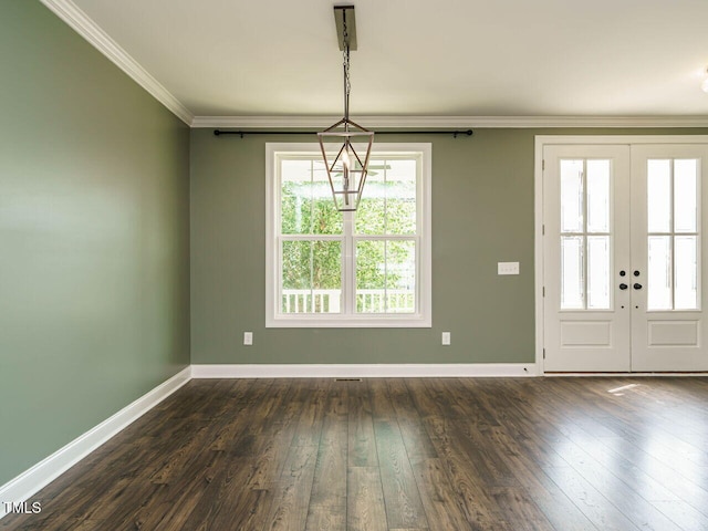 2013 Woodbluff Dr, Wendell, NC 27591 - unfurnished dining area featuring crown molding, dark wood finished floors, and french doors