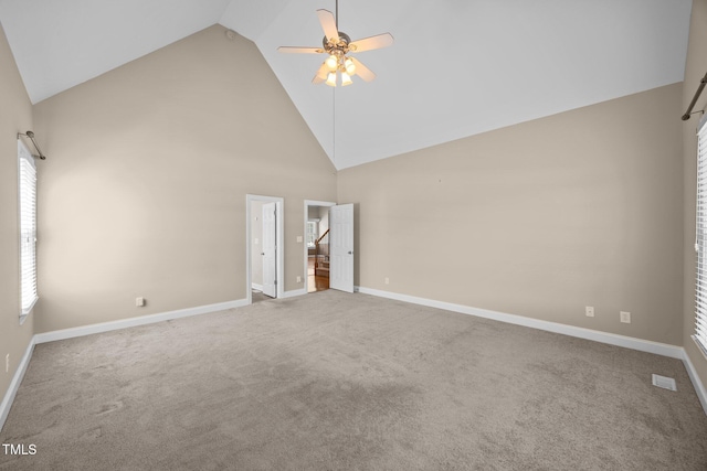 6965 Ogburn Farms Dr, Willow Springs, NC 27592 - unfurnished bedroom featuring high vaulted ceiling, carpet floors, and a ceiling fan