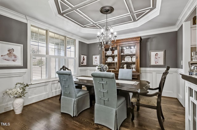 39 Wood Stork Ct, Clayton, NC 27520 - dining space featuring a decorative wall, a chandelier, coffered ceiling, wainscoting, and dark wood-type flooring
