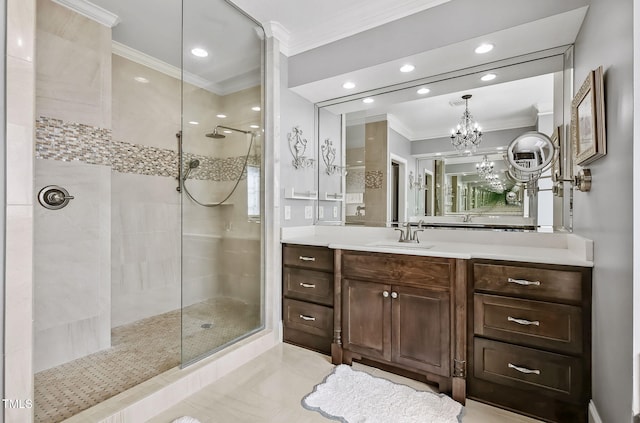 39 Wood Stork Ct, Clayton, NC 27520 - bathroom featuring crown molding, a tile shower, a chandelier, vanity, and recessed lighting
