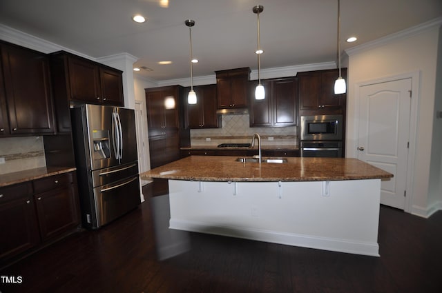 536 Rockcastle Dr, Cary, NC 27519 - kitchen with appliances with stainless steel finishes, backsplash, dark stone counters, ornamental molding, and a kitchen bar