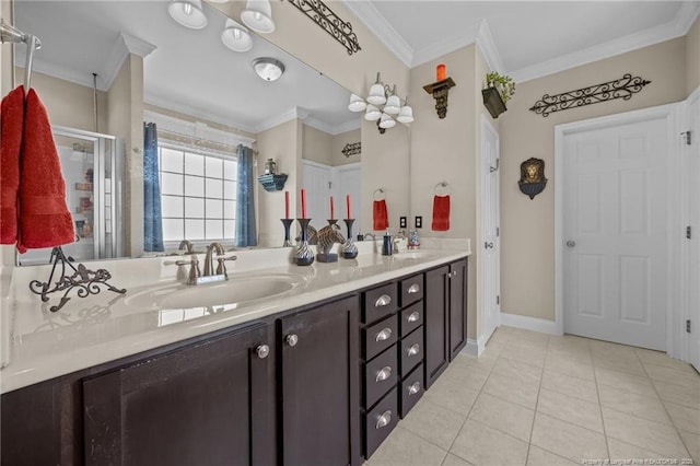 115 Race Ct, Godwin, NC 28344 - full bath with double vanity, ornamental molding, curtained shower, and tile patterned flooring