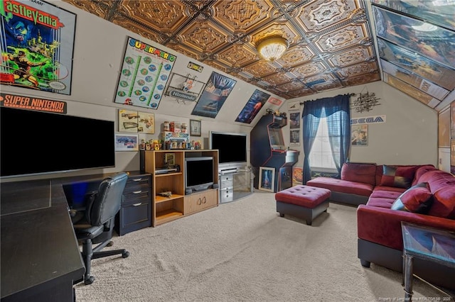 115 Race Ct, Godwin, NC 28344 - living area featuring an office area, an ornate ceiling, carpet, and lofted ceiling
