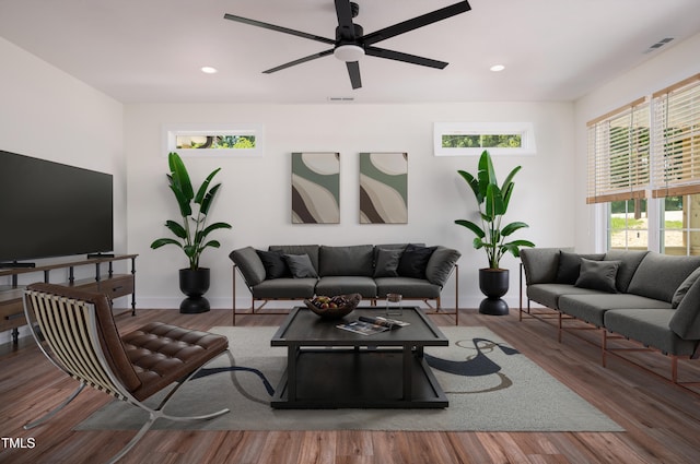 205 Gentry St, Roxboro, NC 27573 - living room featuring ceiling fan, recessed lighting, and wood finished floors