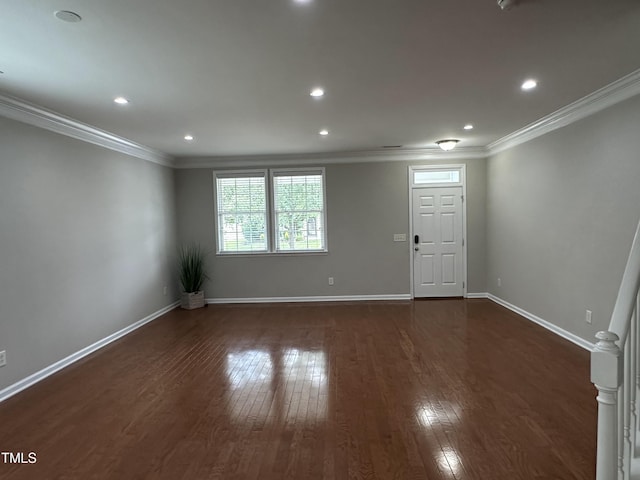205 Bog Hill Ln, Cary, NC 27519 - unfurnished room with dark wood-type flooring, ornamental molding, and recessed lighting