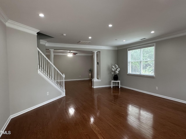 205 Bog Hill Ln, Cary, NC 27519 - unfurnished room with ornate columns, a ceiling fan, crown molding, hardwood / wood-style floors, and recessed lighting