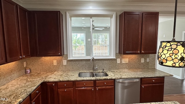 205 Bog Hill Ln, Cary, NC 27519 - kitchen featuring dishwasher, decorative backsplash, a ceiling fan, crown molding, and light stone countertops