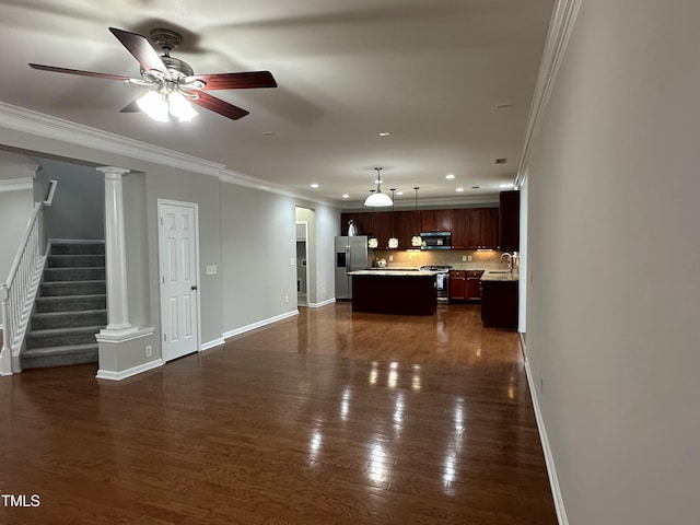 205 Bog Hill Ln, Cary, NC 27519 - unfurnished living room featuring recessed lighting, ceiling fan, ornamental molding, dark wood finished floors, and stairway