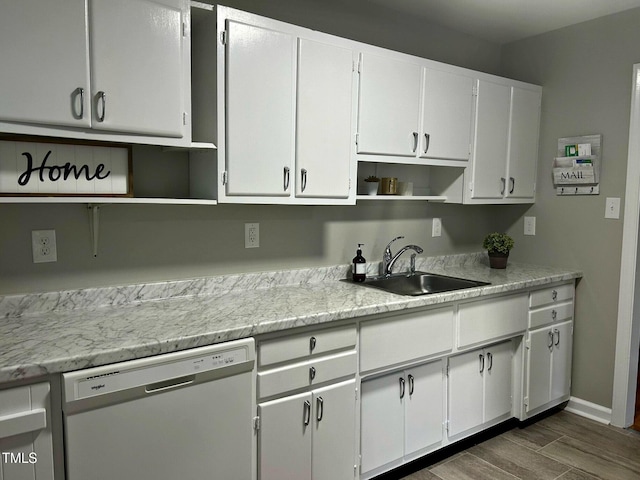 2331 Kennington Rd, Raleigh, NC 27610 - kitchen featuring open shelves, dishwasher, white cabinets, and dark wood-style floors