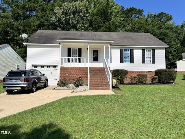 1024 Laurel Leaf Rd, Zebulon, NC 27597 - ranch-style home with a porch, a front yard, driveway, roof with shingles, and stairs