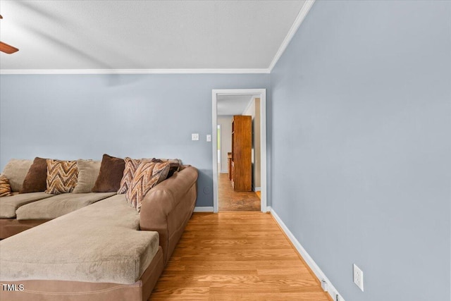 410 W Tenth St, Siler City, NC 27344 - living room featuring crown molding, ceiling fan, and light wood finished floors