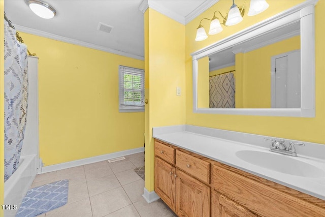 410 W Tenth St, Siler City, NC 27344 - full bathroom with crown molding, vanity, tile patterned flooring, and shower / tub combo with curtain