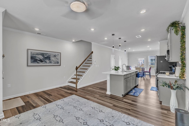 4949 Microcline Trl, Raleigh, NC 27610 - kitchen with light countertops, wood finished floors, ornamental molding, an island with sink, and a ceiling fan