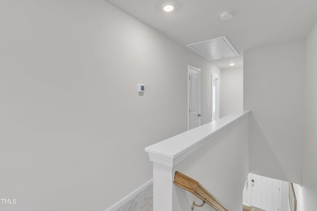4949 Microcline Trl, Raleigh, NC 27610 - hall with attic access, recessed lighting, an upstairs landing, and light colored carpet