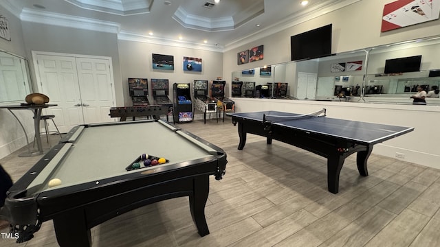 4949 Microcline Trl, Raleigh, NC 27610 - rec room featuring crown molding, billiards table, recessed lighting, wood finished floors, and a towering ceiling