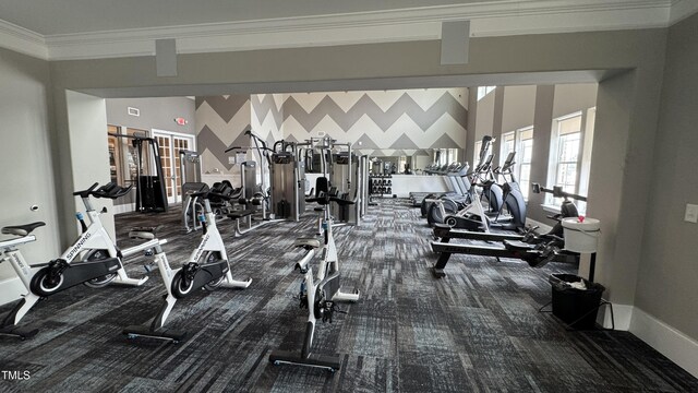 4949 Microcline Trl, Raleigh, NC 27610 - gym featuring crown molding and carpet floors