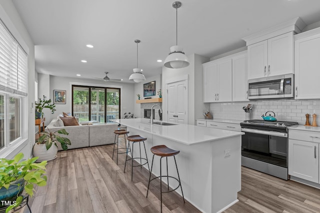 409 S Tunstall Ave, Apex, NC 27502 - kitchen featuring stainless steel appliances, recessed lighting, open floor plan, light countertops, and wood finished floors