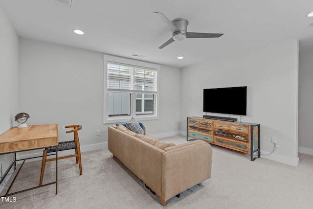 409 S Tunstall Ave, Apex, NC 27502 - living area with ceiling fan, light carpet, a desk, and recessed lighting