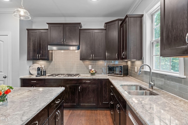2716 Lake Waccamaw Trl, Apex, NC 27502 - kitchen with stainless steel gas cooktop, dark wood finished floors, light stone countertops, healthy amount of natural light, and ornamental molding