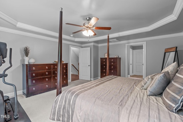 2716 Lake Waccamaw Trl, Apex, NC 27502 - carpeted bedroom with crown molding and a ceiling fan