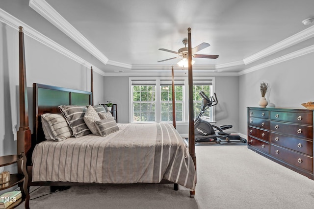 2716 Lake Waccamaw Trl, Apex, NC 27502 - bedroom with carpet flooring, a tray ceiling, ornamental molding, and a ceiling fan