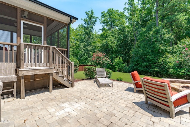 2716 Lake Waccamaw Trl, Apex, NC 27502 - view of patio / terrace featuring a sunroom and stairs