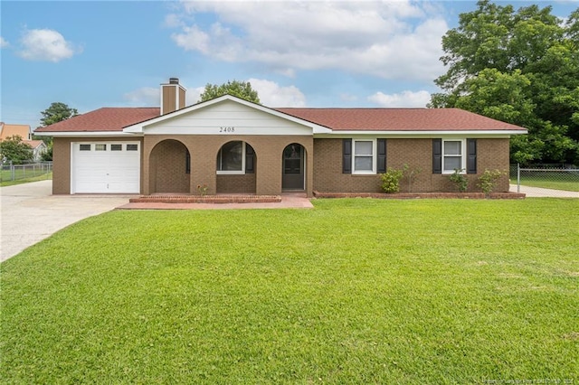 2408 Crabtree Ct, Fayetteville, NC 28304 - ranch-style home featuring concrete driveway, a chimney, a garage, and covered porch