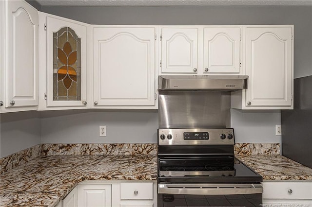 2408 Crabtree Ct, Fayetteville, NC 28304 - kitchen featuring stainless steel electric stove, under cabinet range hood, white cabinets, glass insert cabinets, and stone countertops