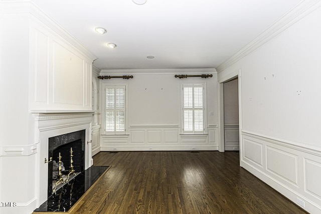 3112 Lake Pointe Trl, Rocky Mount, NC 27804 - unfurnished living room with a decorative wall, dark wood-style flooring, a fireplace, wainscoting, and ornamental molding