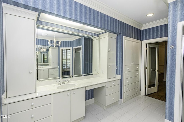 3112 Lake Pointe Trl, Rocky Mount, NC 27804 - bathroom featuring ornamental molding, wallpapered walls, tile patterned flooring, vanity, and a chandelier