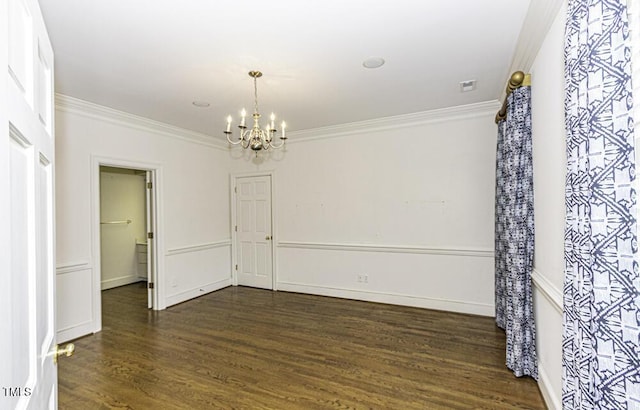 3112 Lake Pointe Trl, Rocky Mount, NC 27804 - empty room with ornamental molding, a chandelier, and dark wood-style flooring
