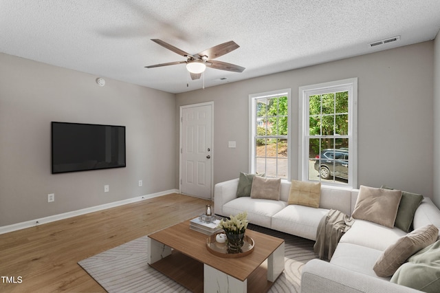 4242 Kaplan Dr, Raleigh, NC 27606 - living room featuring ceiling fan, light wood-style flooring, and a textured ceiling
