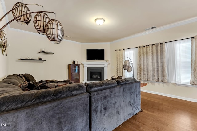 316 Vintage Holly Dr, Durham, NC 27703 - living room with wood finished floors, ornamental molding, and a fireplace
