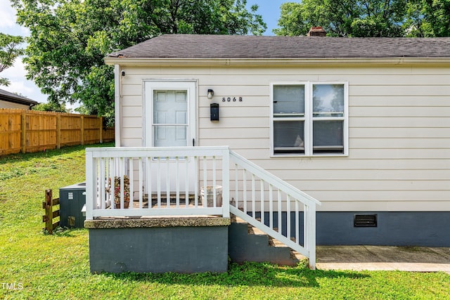 806 Eva St, Durham, NC 27701 - property entrance featuring crawl space and roof with shingles