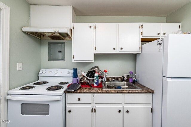806 Eva St, Durham, NC 27701 - kitchen featuring white appliances, electric panel, white cabinets, dark countertops, and under cabinet range hood