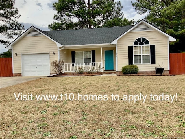 101 Horace Ct, Raeford, NC 28376 - ranch-style home featuring a porch, a garage, concrete driveway, and roof with shingles