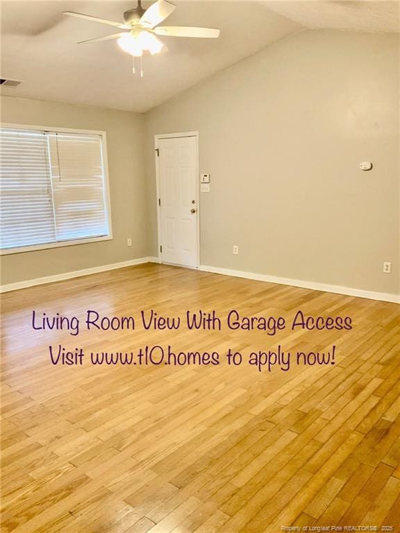 101 Horace Ct, Raeford, NC 28376 - spare room featuring light wood finished floors, lofted ceiling, and ceiling fan