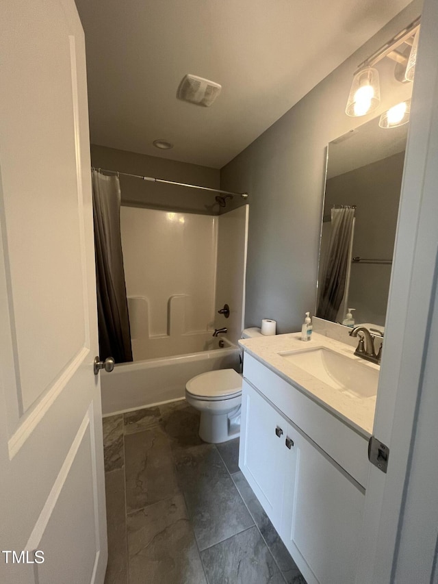 820 Christian Light Rd, Fuquay Varina, NC 27526 - bathroom featuring vanity, shower / tub combo with curtain, and marble look tiles
