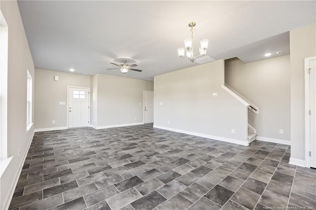 29 Red Bird Dr, Cameron, NC 28326 - unfurnished living room with a chandelier, a ceiling fan, stairs, and recessed lighting