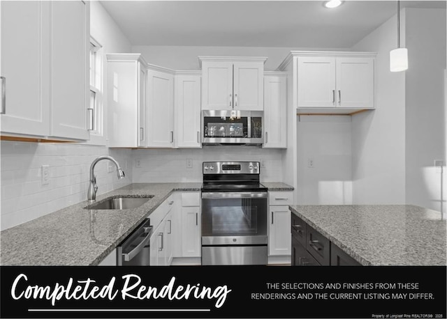 1006 E Prospect Ave, Raeford, NC 28376 - kitchen featuring stainless steel appliances, white cabinets, light stone countertops, and tasteful backsplash