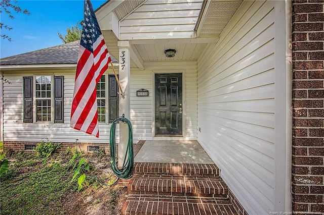 337 Buckeye Dr, Raeford, NC 28376 - doorway to property featuring roof with shingles and crawl space