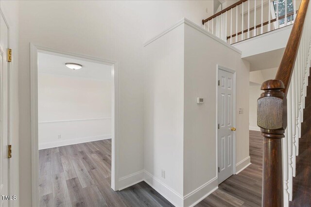 1209 Waterford Green Dr, Apex, NC 27502 - hall with wood finished floors, a high ceiling, and stairway