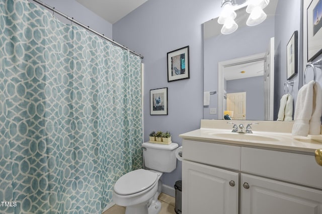717 Mcclure Dr, Raleigh, NC 27603 - bathroom with vanity, a chandelier, tile patterned flooring, and curtained shower