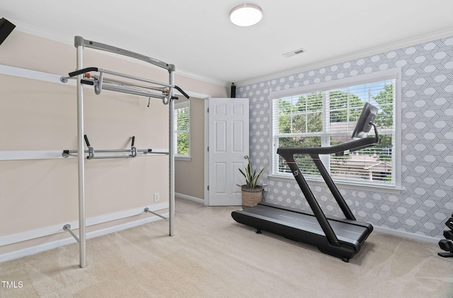 3806 Stoneybrook Dr, Durham, NC 27705 - workout room with wallpapered walls, ornamental molding, and carpet floors