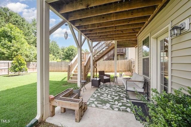 832 Ribbonleaf Ln, Fuquay Varina, NC 27526 - fenced backyard with stairway, a patio area, and an outdoor living space