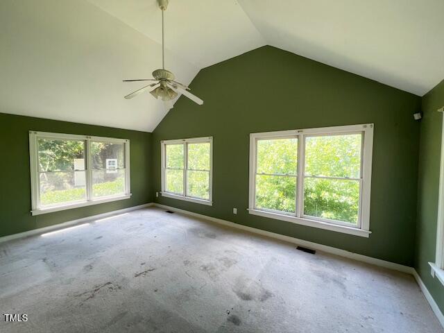 162 Black Horse Ln, Kittrell, NC 27544 - spare room with vaulted ceiling, a ceiling fan, plenty of natural light, and carpet